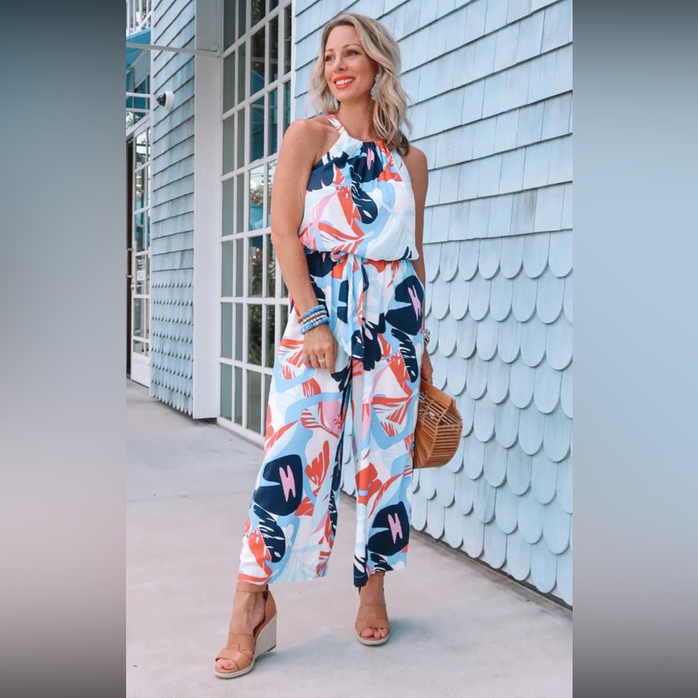 NWT Nordstrom Gibson belted halter romper, bright geometric print Sz M(8/10) - Picture 13 of 14